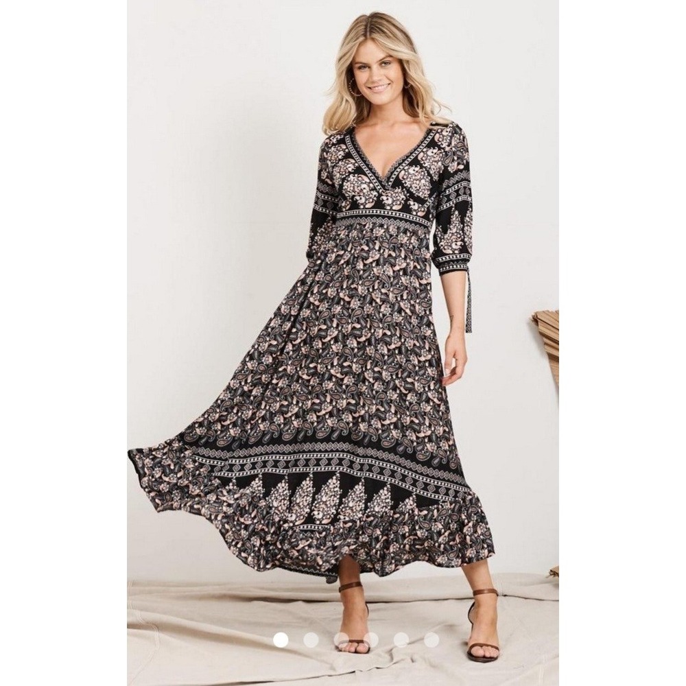 NWT Caroline Morgan Dress Bohemian Maxi 3/4 Sleeve Floral V-Neck Romantic Small